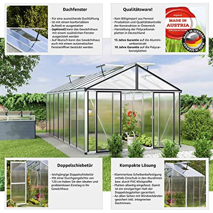 GFP Gewächshaus Asteria 24 Premium 311x460 cm mit integriertem Fundament 16 mm Doppelstegplatten, Farbe Aluminium Natur - Made in Austria – Bild 4
