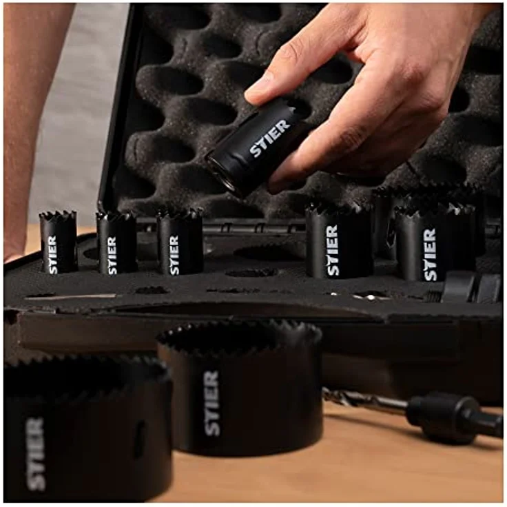 STIER Lochsägen-Set HSS-Co8 Bimetall, 17-teilig (20, 22, 25, 32, 35, 40, 44, 51, 60, 68, 76 mm), Lochsäge Set, Lochkreissäge Set, Kreisschneider-Set, Lochbohrer – Bild 5