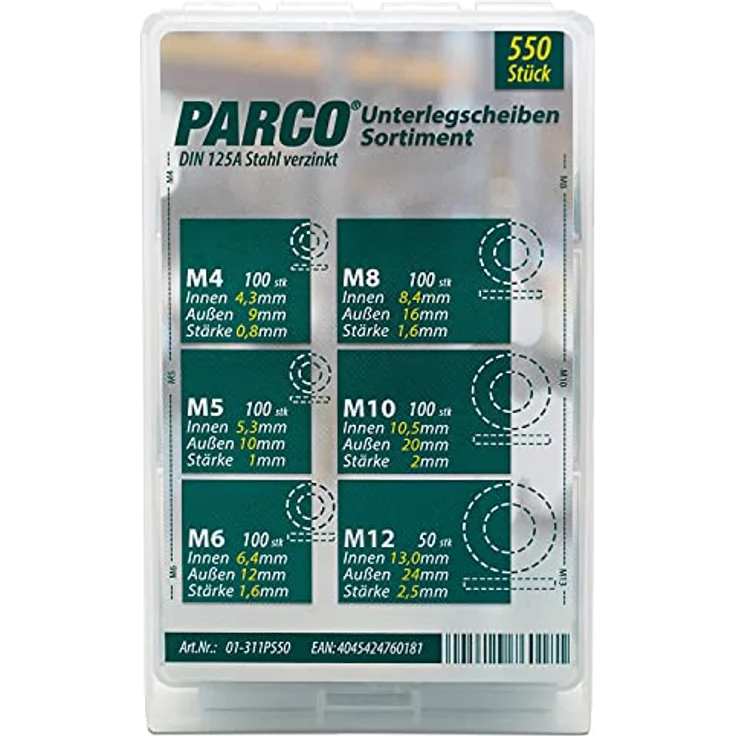 PARCO Unterlegscheiben Sortiment DIN125 A vz. 550 Stück – Bild 1