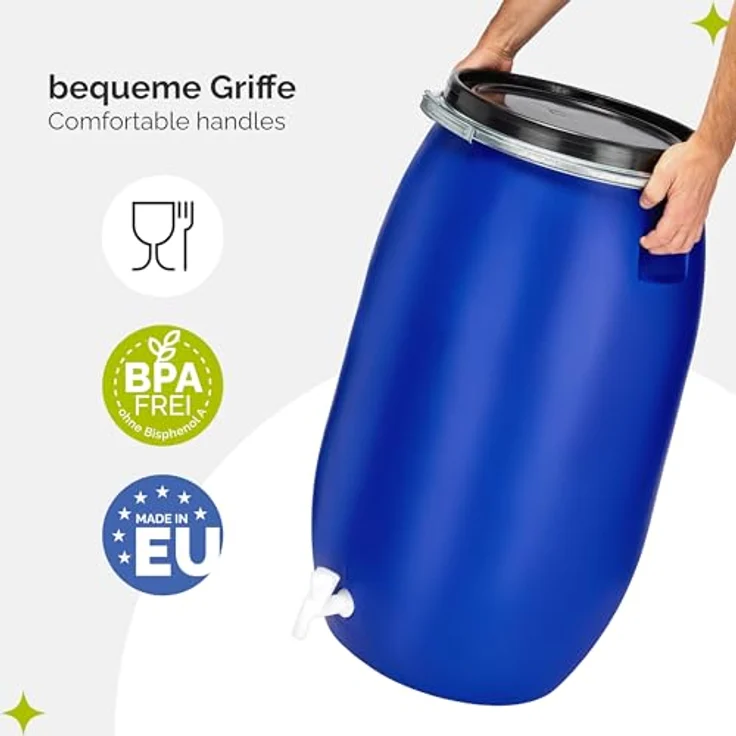 Garronda GD-0091, 120 Liter Regentonne mit Deckel und Hahn, HDPE Wasserfass in Blau, chemikalienbeständig und wetterfest – Bild 4