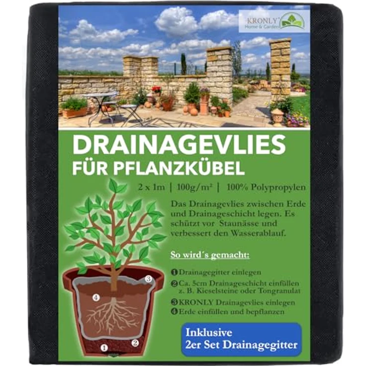 KRONLY Drainagevlies für Blumentöpfe, 2m x 1m, 50g/m² Unkrautvlies mit 2 Drainagegittern, atmungsaktiv und frostsicher – Bild 1