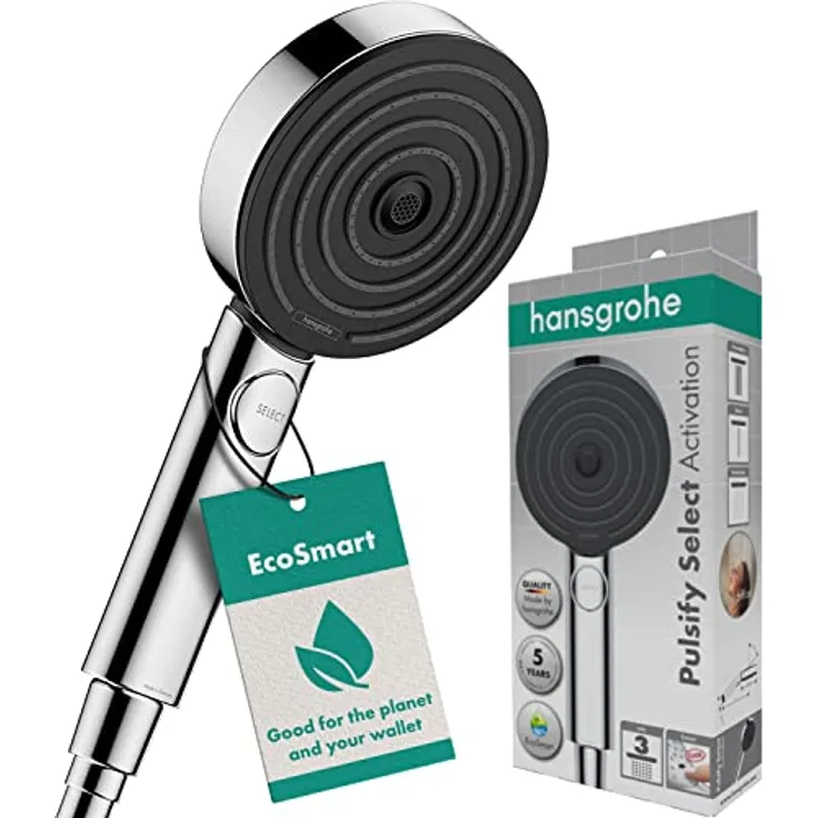 hansgrohe Pulsify Select S - wassersparender Duschkopf 9 l/min (EcoSmart), Handbrause mit 3 Strahlarten (Activation Version), runde Duschbrause (⌀ 105 mm), Sparduschkopf mit Antikalk-Funktion, Chrom