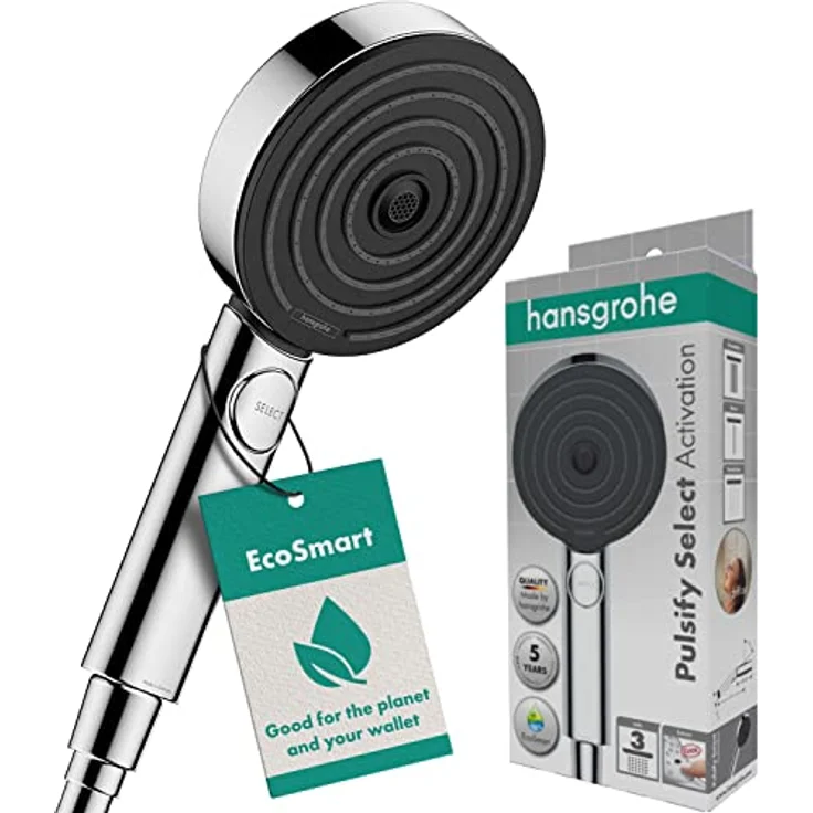 hansgrohe Pulsify Select S - wassersparender Duschkopf 9 l/min (EcoSmart), Handbrause mit 3 Strahlarten (Activation Version), runde Duschbrause (⌀ 105 mm), Sparduschkopf mit Antikalk-Funktion, Chrom – Bild 1