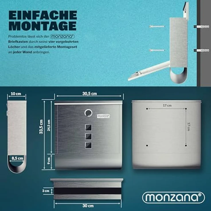 monzana Design Briefkasten Edelstahl silber mit Zeitungsfach Sichtfenster 2 Schlüssel Namensschild Wandbriefkasten – Bild 4