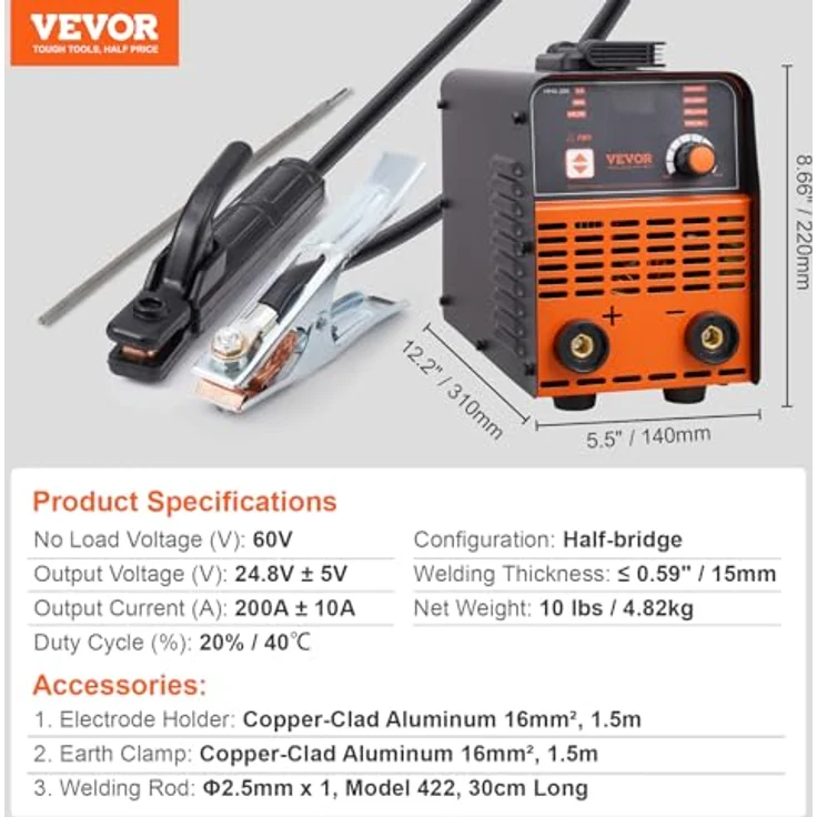 VEVOR MMA-200-NA 220 V Schweißgerät, 160 A Lichtbogenschweiß-/Lift-WIG-Gerät mit LED-Display, tragbares 2-in-1-Gerät mit Hot Start und Anti-Stick-Funktion – Bild 7