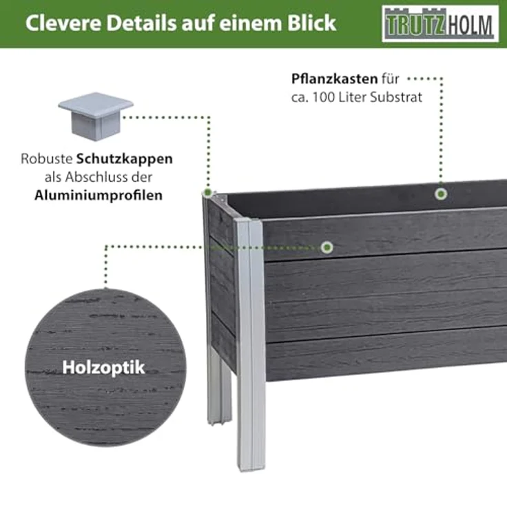 TRUTZHOLM Hochbeet 98 x 40 x 59 cm, witterungsbeständiger Pflanzkasten in grau, 100 Liter, robust in Holzoptik – Bild 5