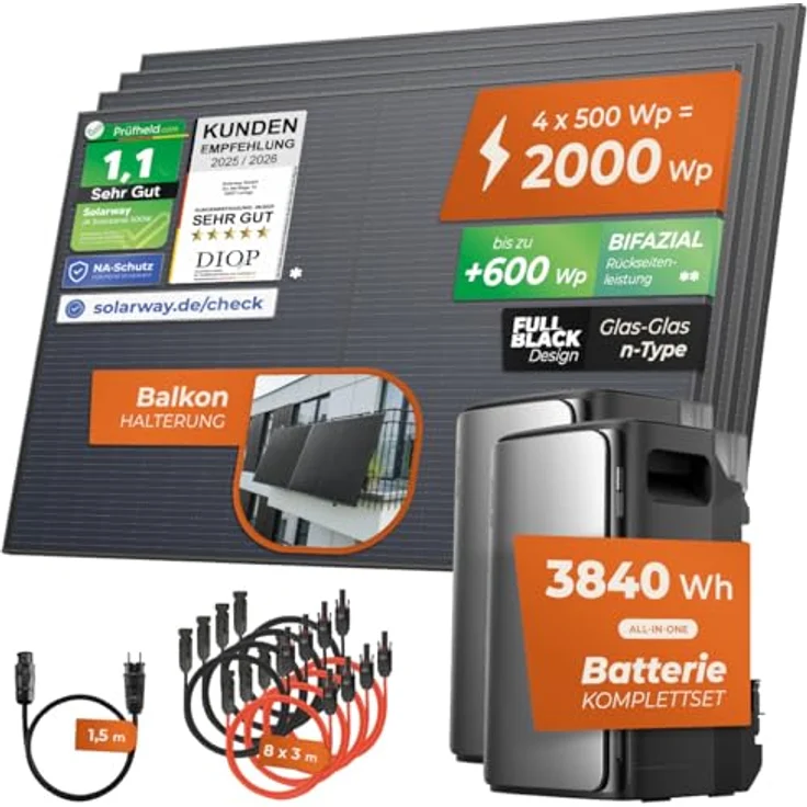 Solarway Balkonkraftwerk 2000 Wp / 800 W mit 3,8 kWh Speicher, Komplettset mit 2× EcoFlow STREAM Max und 4× 500 W Solarmodulen, Plug & Play Solaranlage – Bild 2