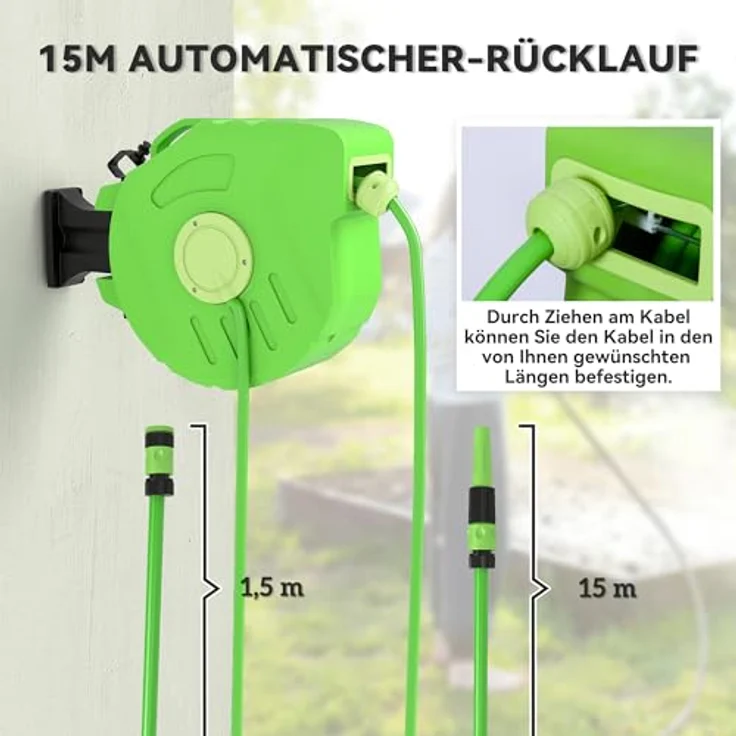 Outsunny Schlauchtrommel Automatik, 15m Gartenschlauch, grün – Bild 5
