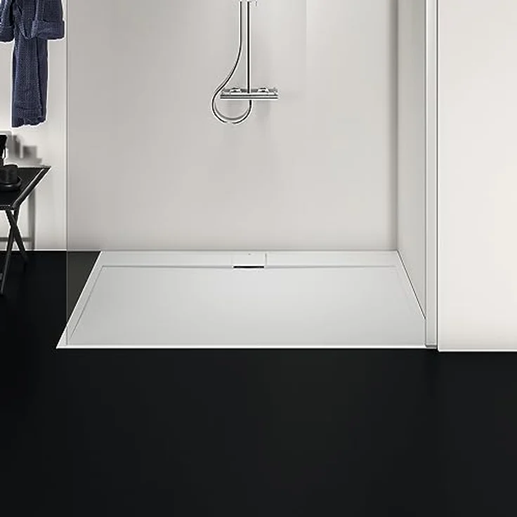 Ideal Standard Ultra Flat S i.life, rechteckige Duschwanne 160 x 90 cm aus Harz, mattes Finish in Steinoptik, Weiß, rutschfest mit Ablaufgarnitur – Bild 5
