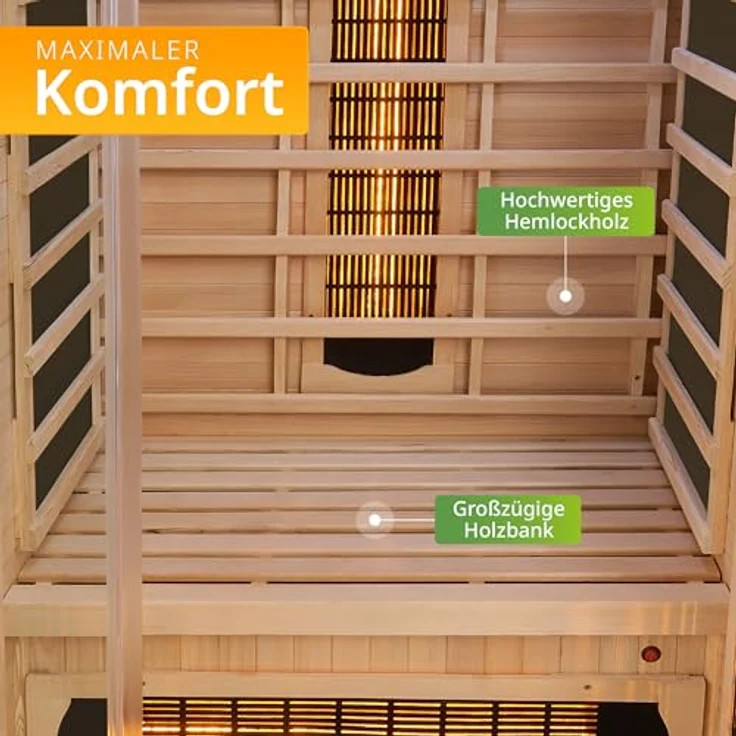 Artsauna Infrarotkabine Kiruna90 Dual Technologie, BxTxH: 90 x 90 x 190 cm, für 1 Personen, Hemlockholz, HiFi-System, Bluetooth, LED-Farblicht, Natur – Bild 5