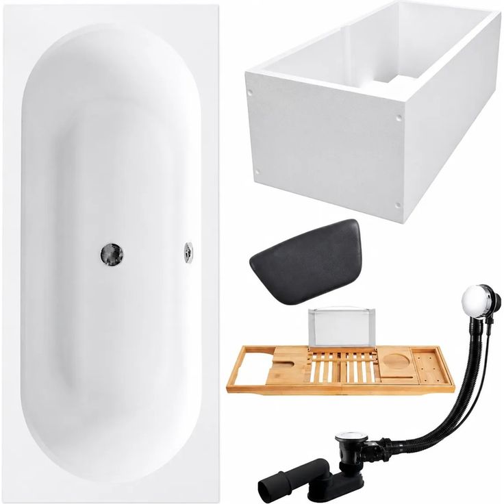 KOLMAN Badewanne VITAE, Rechteck 150 x 75 cm, mit Wannenträger, Bambus Badewannenablage, Kopfstütze, inkl. Ablauf und Füße, schneeweiß