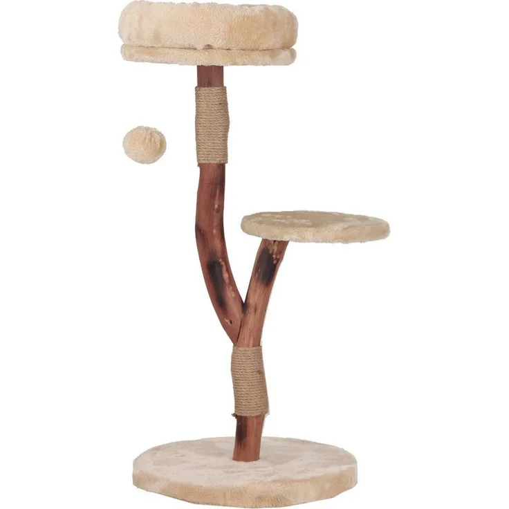 DUVO+ Kratzbaum Nina Natural Wood, mittelgroß aus Naturholz, beige, mit 2 Liegeplattformen und Sisal-Beschichtung