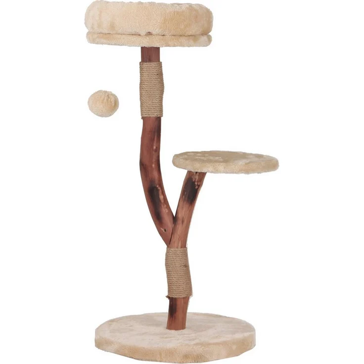 DUVO+ Kratzbaum Nina Natural Wood, mittelgroß aus Naturholz, beige, mit 2 Liegeplattformen und Sisal-Beschichtung