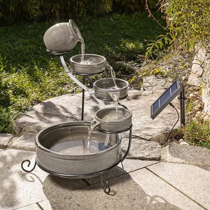 Esotec Solar Kaskadenbrunnen Firenze, Keramik mit 4 Terrakotta Schalen, wetterfest, H=55cm, Gartenbrunnen Wasserfall – Bild 2
