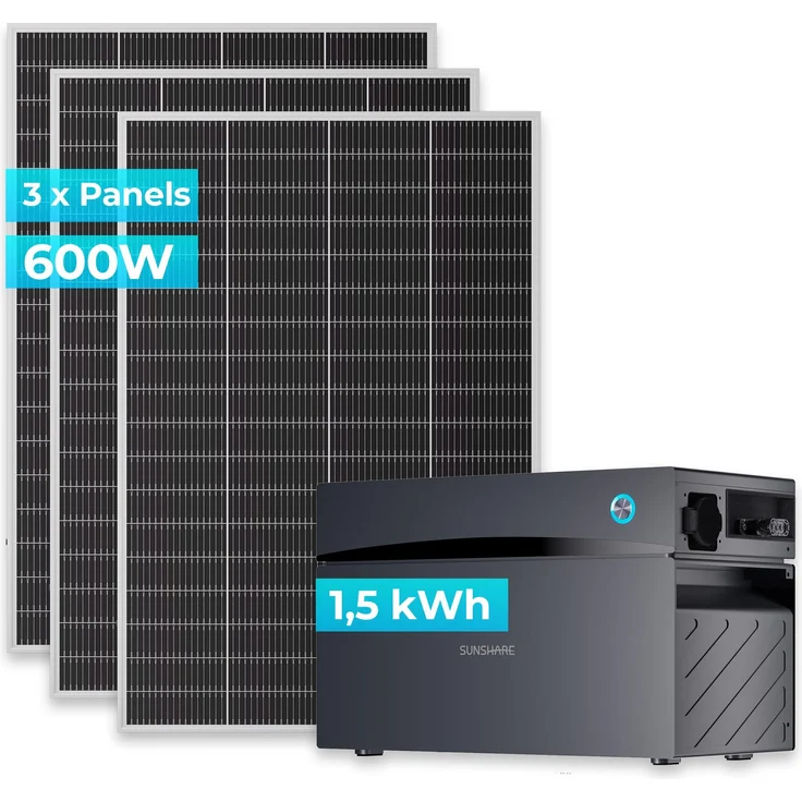 SUNSHARE Ray Lite 600W Balkonkraftwerk mit Glory 1.5 kWh Solarspeicher, modular und flexible Montagehalterungen
