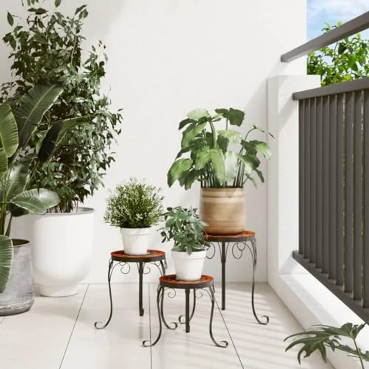 vidaXL Blumenständer, Pflanzenständer 3 Stk. Terrakottarot und Weiß Keramik - Mediterranes Design, pulverbeschichtetes Eisen, robust und stabil – Bild 3