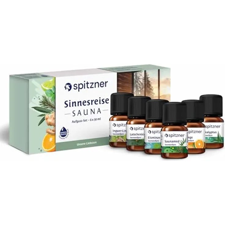 Spitzner Saunaaufguss-Set „Sinnesreise“, 6 Düfte à 30 ml: Eisminze, Ingwer-Limette, Orange, Eukalyptus, Latschenkiefer & Saunamed, perfektes Geschenk für Sauna-Liebhaber