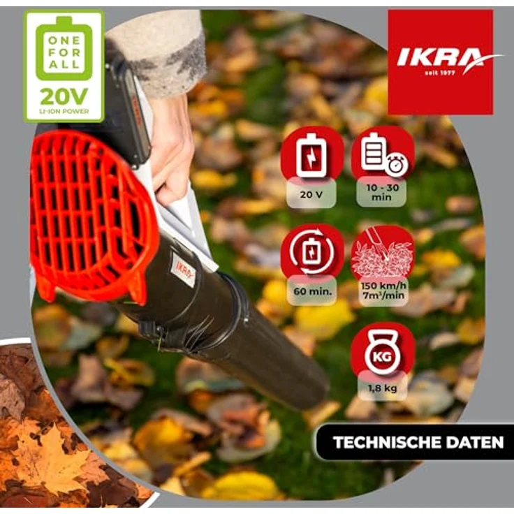 IKRA Akku Laubbläser ICB 20, 20V mit variabler Geschwindigkeit, leise & leicht, inkl. 2 Akkus (2,0 & 2,5 Ah) & Ladegerät – Bild 5