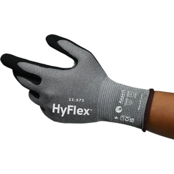 Ansell HyFlex 11-571 Schnittschutz-Handschuhe, Atmungsaktive Nitril-beschichtung, Höchste Weiterreißfestigkeit, Grau, Größe L (12 Paar)