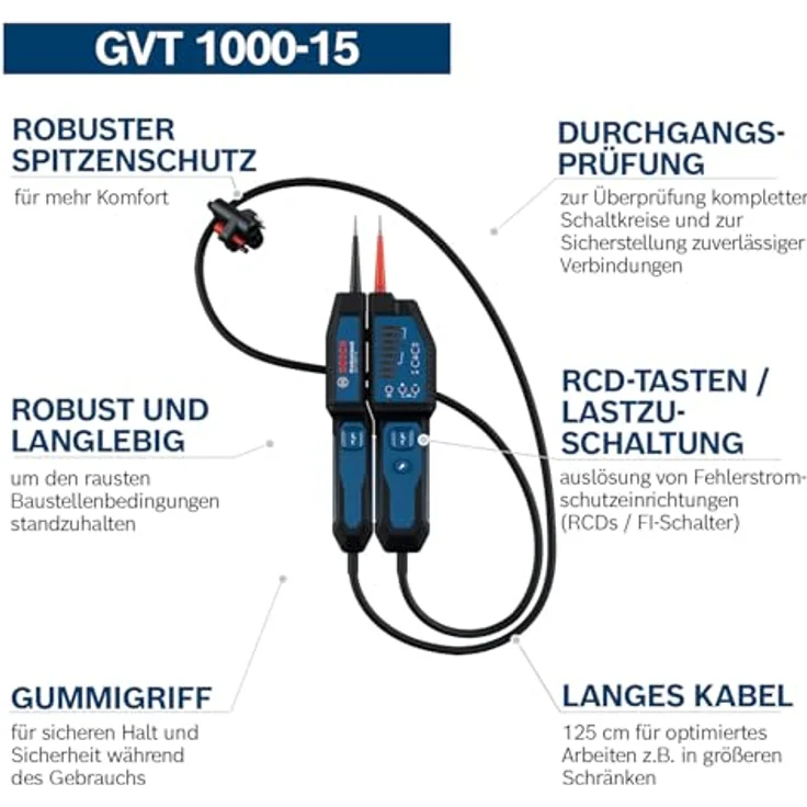 Bosch Professional Spannungsprüfer GVT 1000-15, robuster Prüfgerät bis 1000 V AC/DC, IP65 Schutzklasse, inklusive Tasche – Bild 4