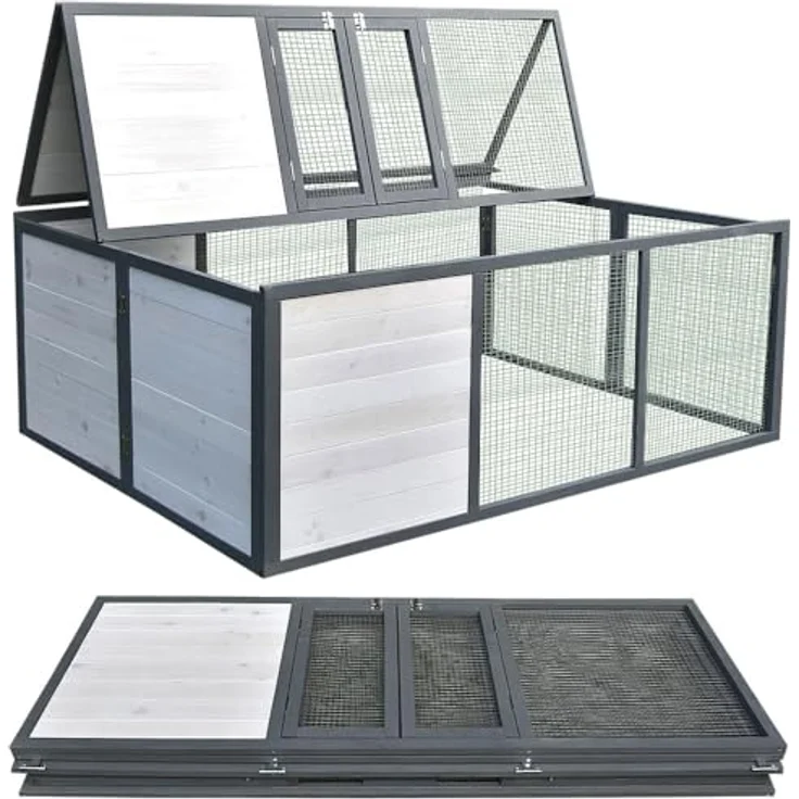 Mucola Freilaufgehege klappbar Kleintierstall Outdoor Ausbruchsperre Hasenstall 160x119x60cm Freigehege aus Holz mit Gitter Kaninchenauslauf Freilauf, Weiß/Grau – Bild 2