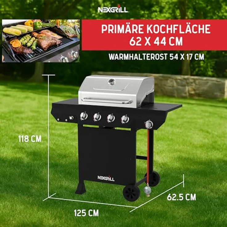 Nexgrill Classic 4-Brenner Gasgrill mit Seitenbrenner, Edelstahl, porzellanbeschichtete Gusseisenroste, Even-Heat-System, ideal für Garten und Balkon – Bild 3