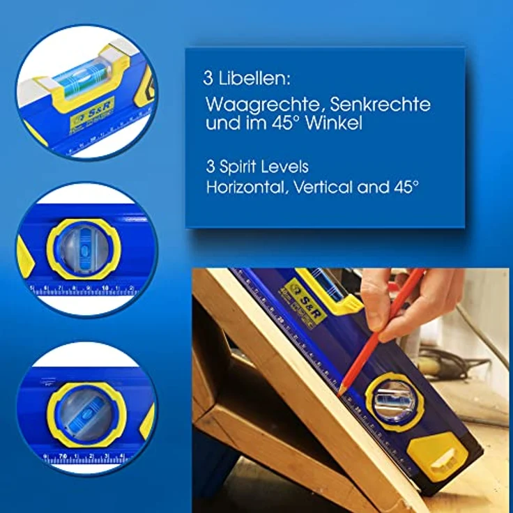 S&R Wasserwaage Aluminium magnetisch mit cm Skala, Genauigkeitsklasse 1, 3 stoßfesten Libellen, gelb, 80 cm – Bild 4