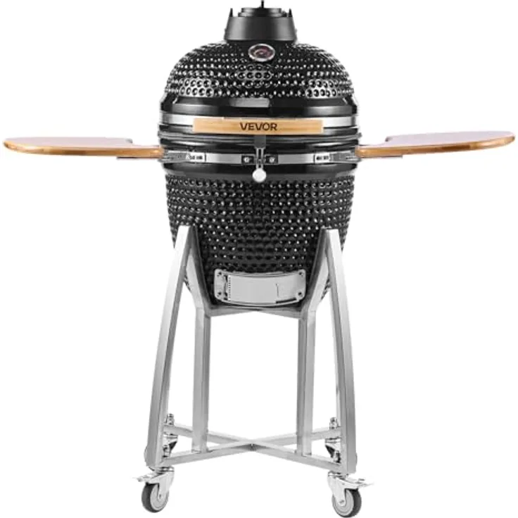 VEVOR Kamado Grill Ø 450 mm, Keramikgrill mit Holzgriffen, Seitenablagen, Metallstand mit Rollen & Thermometer bis 400°C, für BBQ, Grillen, Kochen & Backen Outdoor