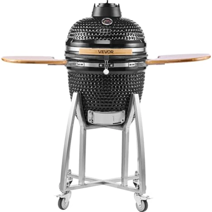 VEVOR Kamado Grill Ø 450 mm, Keramikgrill mit Holzgriffen, Seitenablagen, Metallstand mit Rollen & Thermometer bis 400°C, für BBQ, Grillen, Kochen & Backen Outdoor – Bild 1