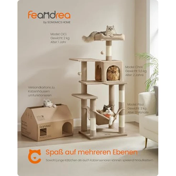 Feandrea Kratzbaum, 143 cm hoch, Katzenbaum, mehrstöckiges Katzenhaus, mit 4 Kratzsäulen, 2 Plattformen, Hängematte, Höhle, Kamelbraun – Bild 2