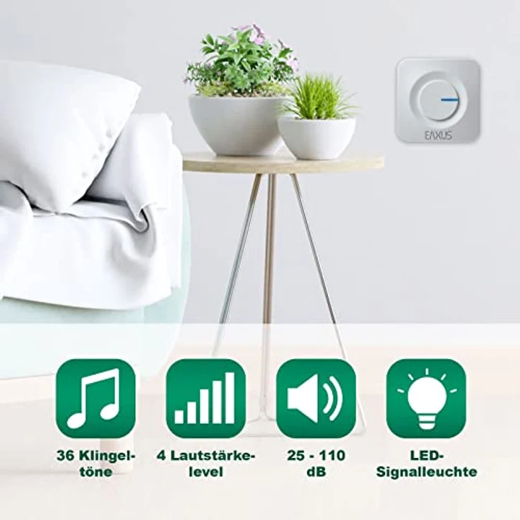 Eaxus® Funk Türklingel - Batterielose Funkklingel, Kinetisch, IP44 Wasserdicht, 36 Melodien, LED Anzeige, Weiß – Bild 3