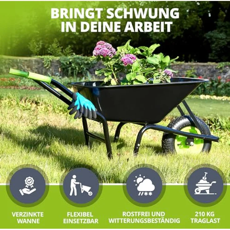 Juskys Schubkarre Garden, 100L, bis 210 kg, Luftreifen, verzinkte Wanne, inkl. Handschuhe, Schwarz/Grün – Bild 6