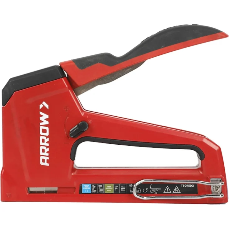 Arrow Tacker T50 RED2, Handtacker für Flachdrahtklammern 6 mm - 14 mm, vielseitige 2-in-1 Funktion mit ergonomischem Softgrip