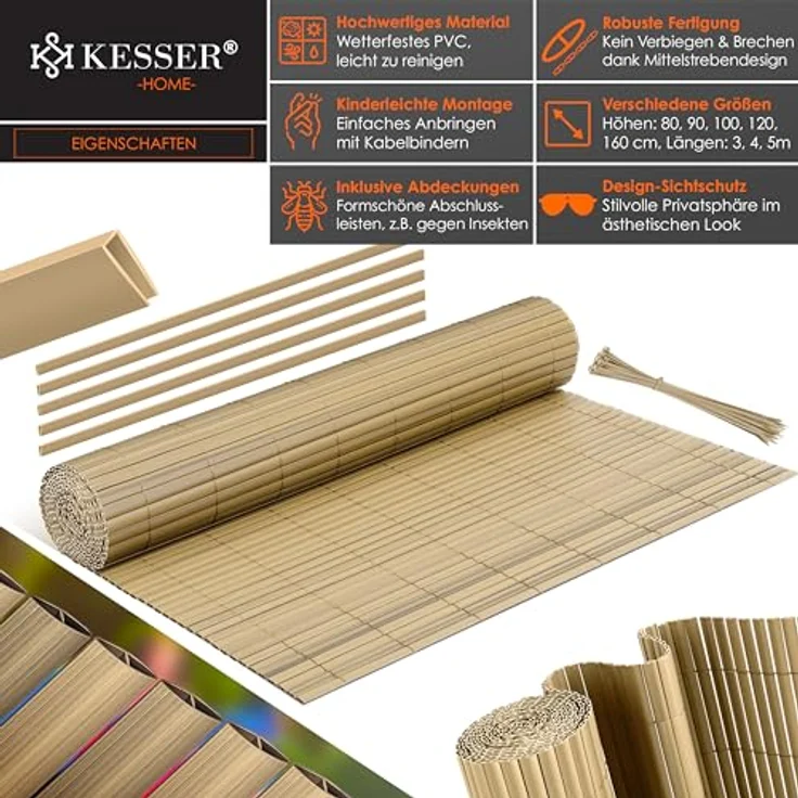 KESSER PVC Sichtschutzmatte Sichtschutzzaun Balkonverkleidung Windschutz Wetterfest verstärkten Lamellen, für Garten, Balkon Terrasse Outdoor Balkonumrandung mit Kabelbindern 120 x 500 cm, Bambus – Bild 2