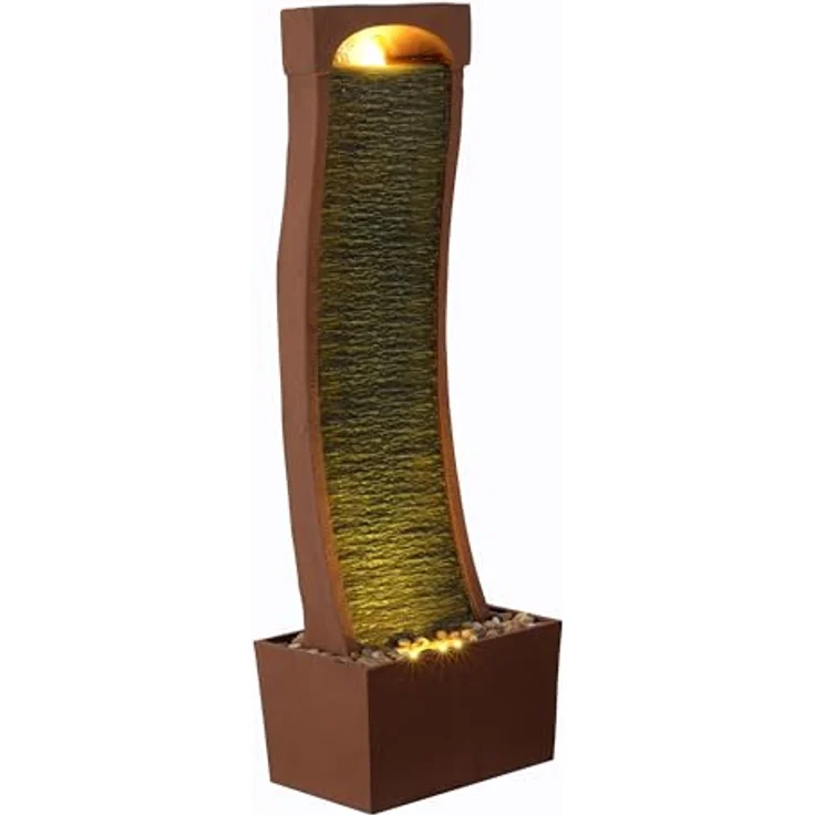 Teamson Home Gartenbrunnen, geschwungener Wasserfallbrunnen mit LED in rot, 97 cm, rostbeständig – Bild 1