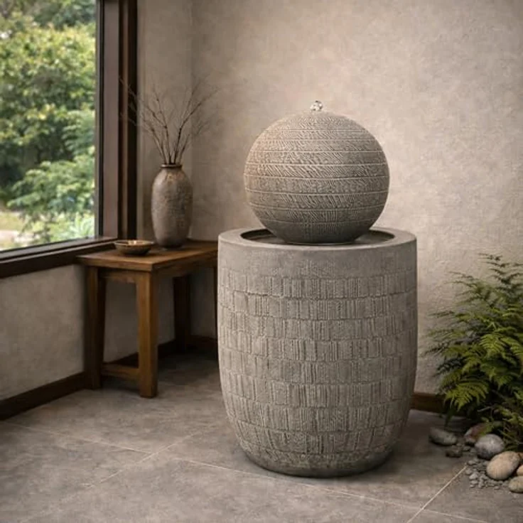 Köhko Gartenbrunnen Kugelbrunnen, moderner Zierbrunnen mit strukturierter Oberfläche und kaltweißer LED-Beleuchtung, 62 cm Höhe – Bild 5