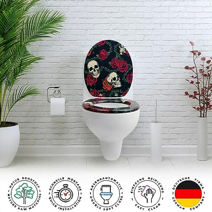 Sanfino WC Sitz Rose Skull, Toilettendeckel aus Holz mit Absenkautomatik, schwarzes Design mit Totenköpfen und Rosen – Bild 4