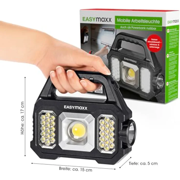 EASYmaxx LED Taschenlampe Solar-Arbeitsleuchte 3 in 1, COB-Strahler, dimmbares Seitenlicht, USB-C und Solarpanel, ideal für Outdoor und Camping – Bild 7