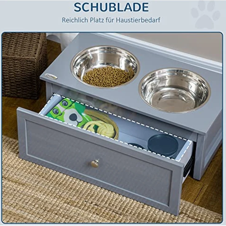 PawHut Hundenapf mit Schublade, erhöhter Fressnapf, Doppel Hundenapf aus Edelstahl, Futternapf für mittelgroße Hunde, Hunde Fressnapf mit Staumraum, Katzenapf, Futterstation, Grau – Bild 5