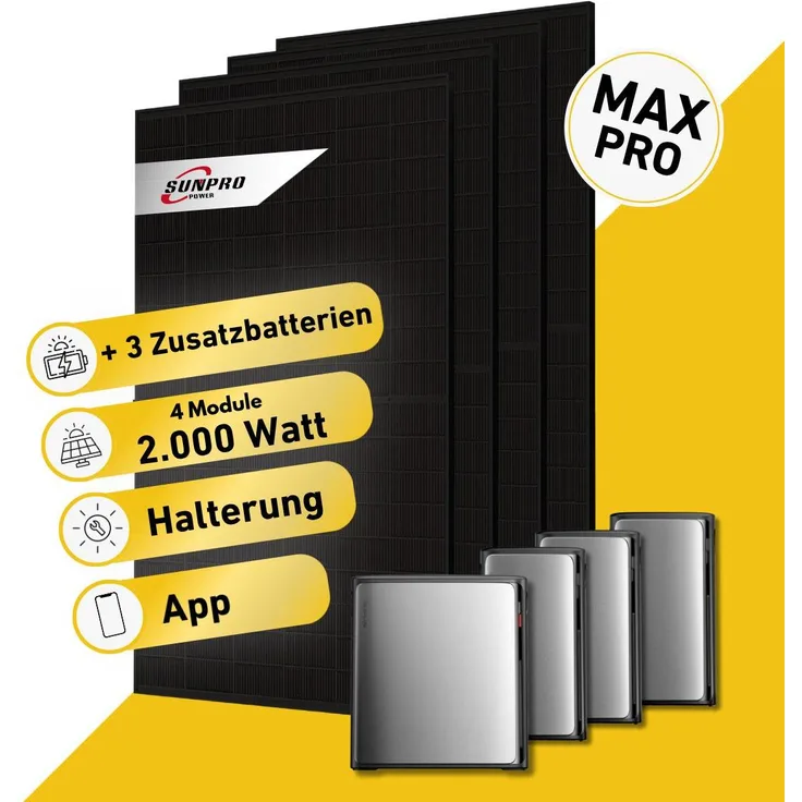 Balkonstrom Balkonkraftwerk 2000W, Komplettset mit 5,024 kWh Speicher, 4 Solarmodulen, Biberschwanzdachhalterung und 20m Anschlusskabel