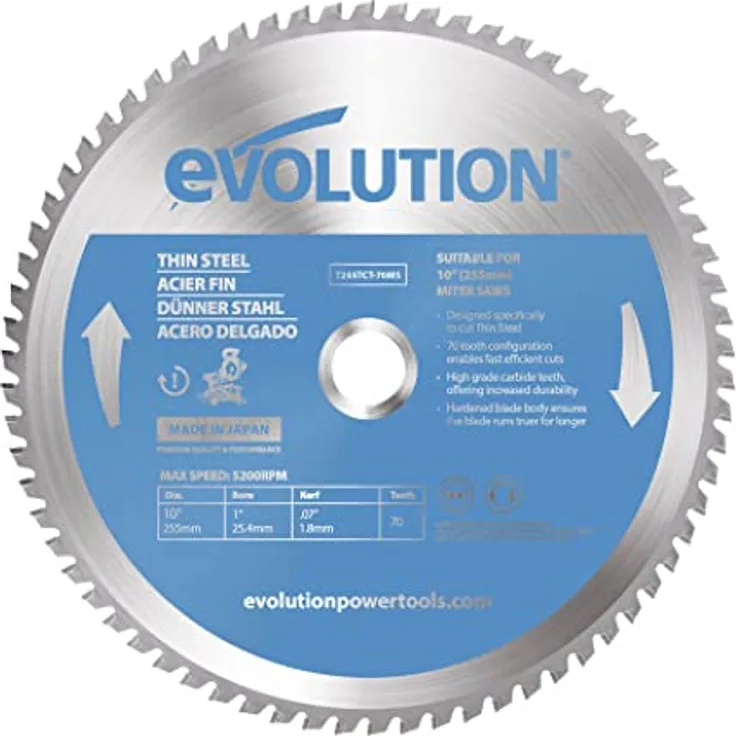 Evolution (T255TCT-70MS) - 255 mm Sägeblatt zum Schneiden von Dünnstahl - Metall-Sägeblatt Hartmetallbestückung erzeugt praktisch keine Hitze, Grate oder Funken