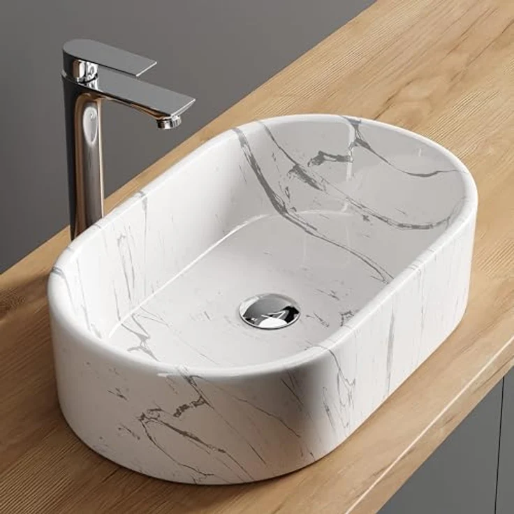 Planetmöbel Aufsatzwaschbecken Aquil Elegant, ovales Badezimmer Waschbecken 55 cm, marmor weiß, hochglänzend für Waschtisch – Bild 1