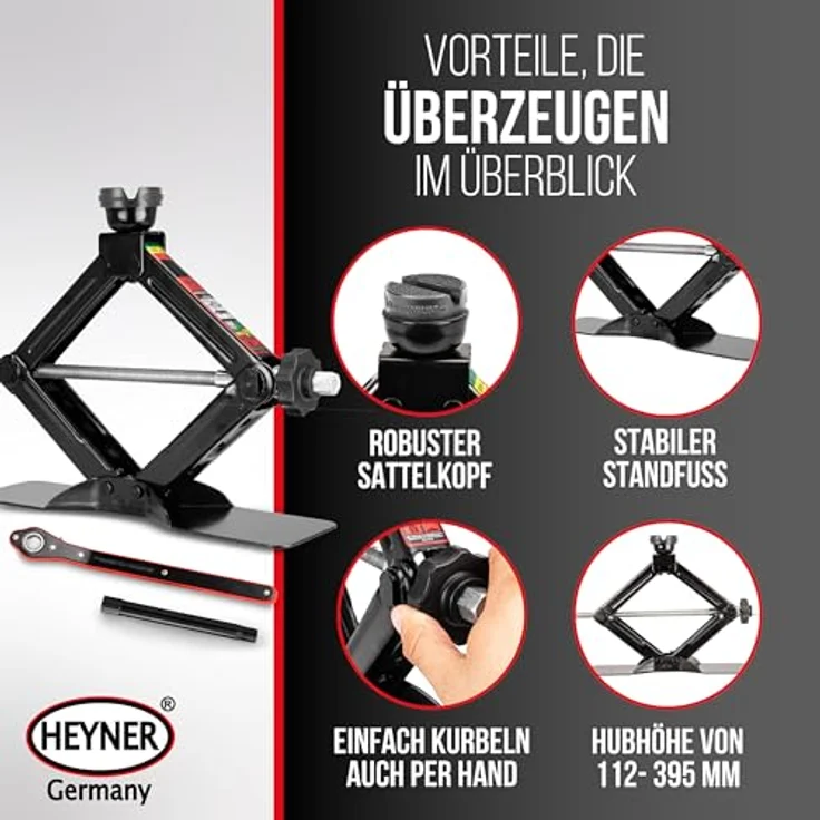 HEYNER® MultiLift M Black, Scherenwagenheber 1,5 t mit Ratsche, 360° drehbarer Gummiauflage, extra großem Standfuß, inkl. 17er Nuss und Tasche, TÜV GS-geprüft – Bild 8