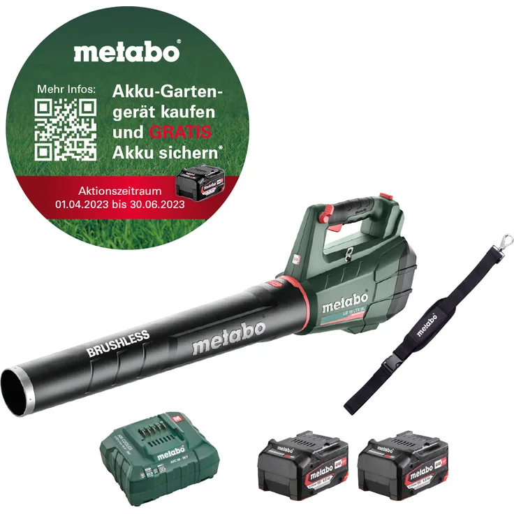Metabo Akku Laubbläser LB 18 LTX BL (18 Volt, Li-Ion, Tragegurt, gummierter Griff, 150 km/h Luftgeschwindigkeit, bürstenloser Motor) inkl. 2x 5,2 Ah Li-Ion Akku und Ladegerät ASC 55