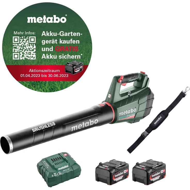 Metabo Akku Laubbläser LB 18 LTX BL (18 Volt, Li-Ion, Tragegurt, gummierter Griff, 150 km/h Luftgeschwindigkeit, bürstenloser Motor) inkl. 2x 5,2 Ah Li-Ion Akku und Ladegerät ASC 55 – Bild 1