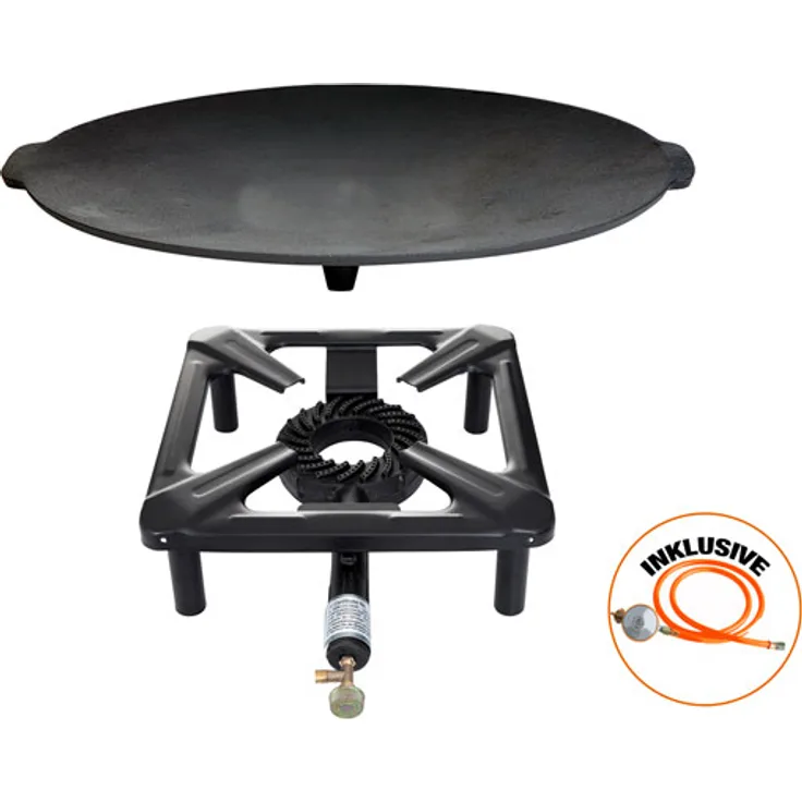 Hockerkocher-Set (klein) mit Gusseisengrillschale Ø 45 cm - inkl. Gasschlauch & Regler