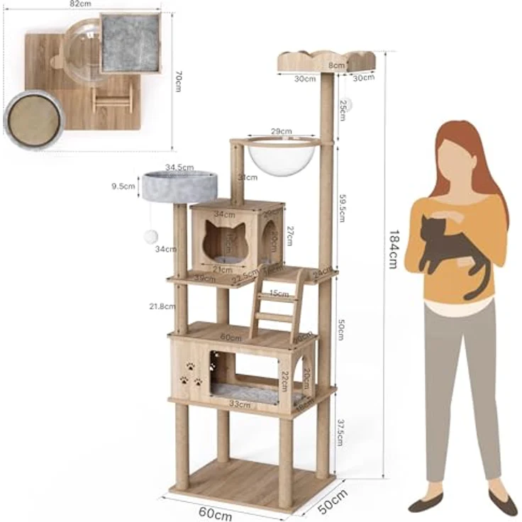 Mondeer Holz Kratzbaum Groß, Katzenbaum mit Zwei Katzenhäusern, mit Herausnehmbaren Plüschkissen und Transparenter Kapsel, Moderner Stil, für Katzen im Haus, 82 x 70 x 185 cm – Bild 4