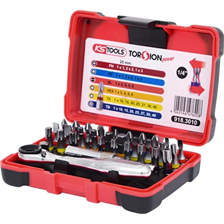 KS Tools 918.3010 1-4'' TORSIONpower Bit-Box, 32-teilig, Bitbox für Handbetätigung und Elektroschrauber, inkl. Schnellwechsel-Bithalter, Stecknussadapter, Gürtelhalter und Bits, in 2-Komponenten-Box – Bild 2
