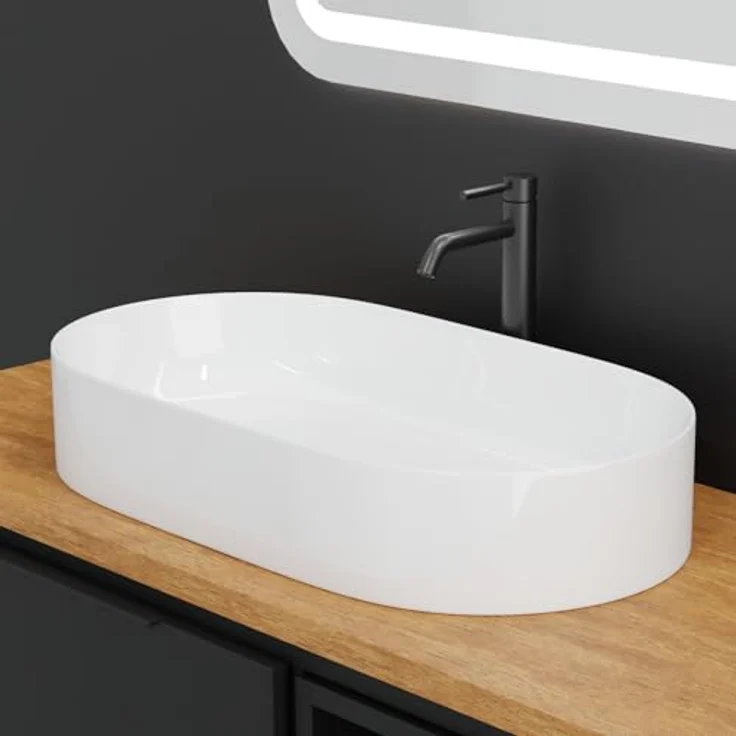 HAGO Aufsatzwaschbecken Keramik 60x38cm oval weiß schmaler Rand kratzfest Waschschale Becken – Bild 3