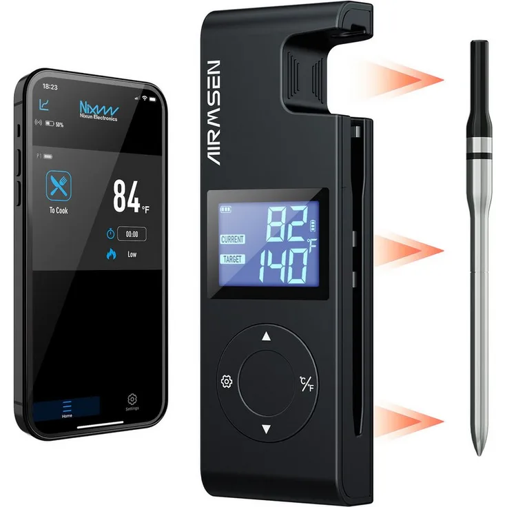 Airmsen Grillthermometer Bluetooth, kabelloses Fleischthermometer mit 1000mAh, hitzebeständigem Keramikgriff, 150m Reichweite und LCD-Display für präzise Temperaturkontrolle beim BBQ